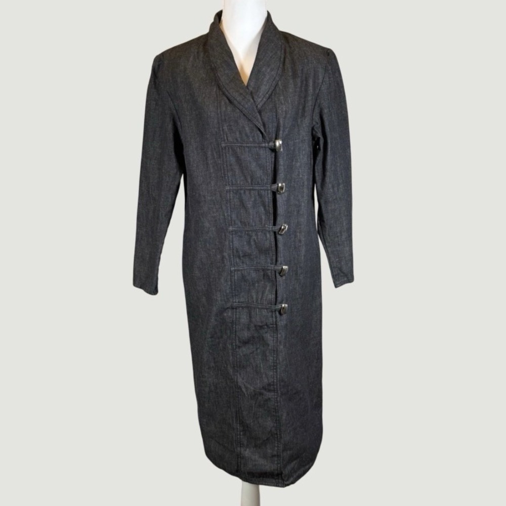 VTG Caron Petite Sheath Dress Women's 8 Black Chambray‎ Denim Long Sleeve